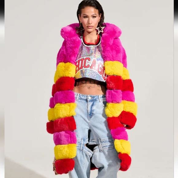 RAMI MULTI COLOR FAUX FUR PANEL TRENCH COAT - Picture 2 of 9
